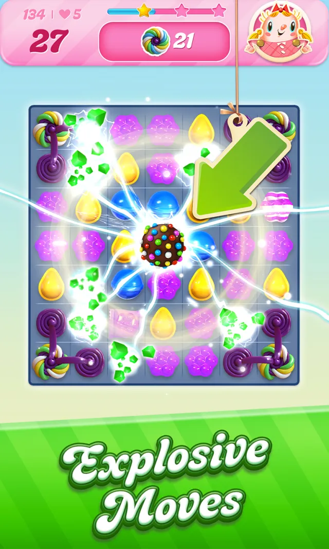 A Candy Crush Saga board mid-match with striped and wrapped candies